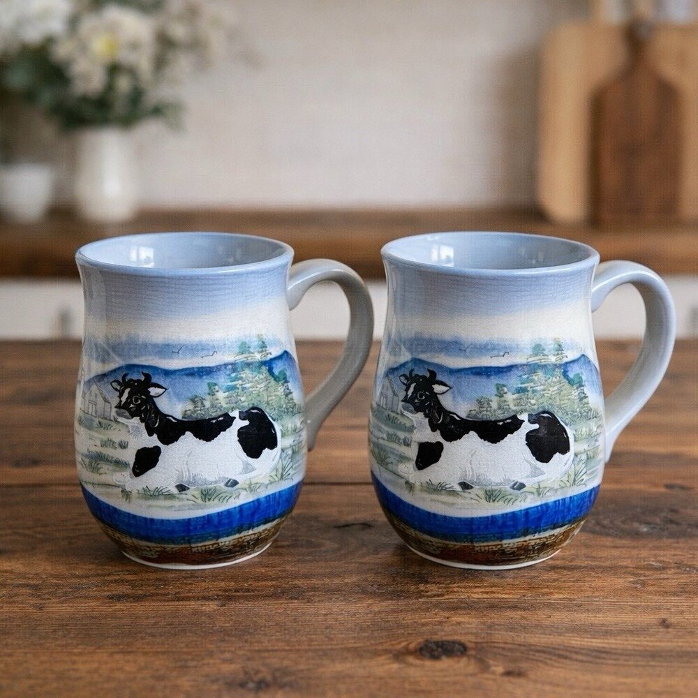Vintage Otagiri Japan Coffee Mug Set of 2 Stoneware Gray Blue Holstein Cows Farm